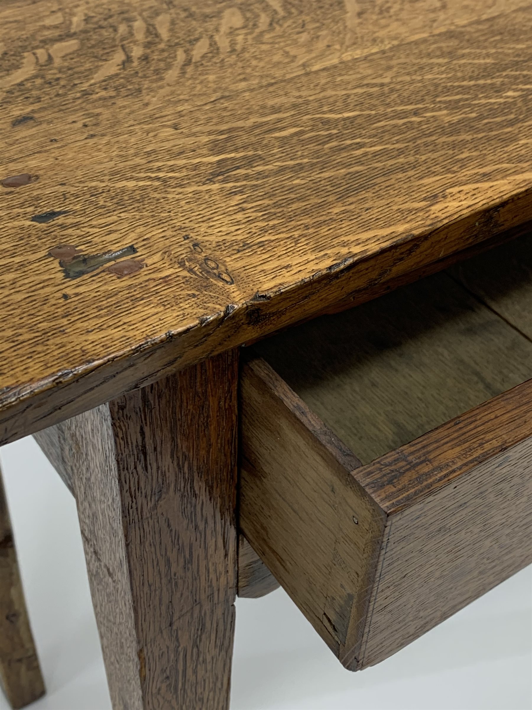 18th century oak side table, rectangular top over single drawer and shaped apron, square supports, W - Image 3 of 3