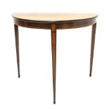 19th century mahogany demi-lune side table, square tapering supports with inlaid satinwood panels an