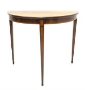 19th century mahogany demi-lune side table, square tapering supports with inlaid satinwood panels an