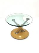 Mid 20th century glass top metamorphic coffee table, raised on chrome supports and a dished plywood