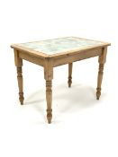 Victorian style pine kitchen work table, with tile top, raised on turned supports, 101cm x 68cm, H76