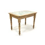 Victorian style pine kitchen work table, with tile top, raised on turned supports, 101cm x 68cm, H76