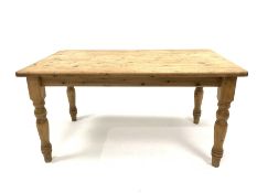 Victorian style pine kitchen dining table, rectangular top raised on turned supports, 153cm x 91cm,