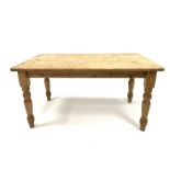 Victorian style pine kitchen dining table, rectangular top raised on turned supports, 153cm x 91cm,