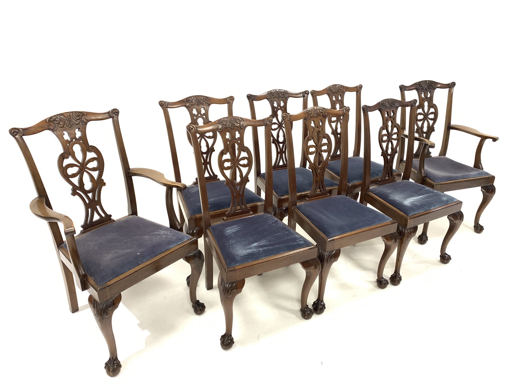 Set eight (6+2) Georgian style mahogany dining chairs, with floral carved cresting rail over pierced - Image 2 of 3