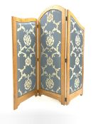 20th century oak three fold room divider, with serpentine top, over blue floral silk upholstered pan