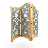 20th century oak three fold room divider, with serpentine top, over blue floral silk upholstered pan