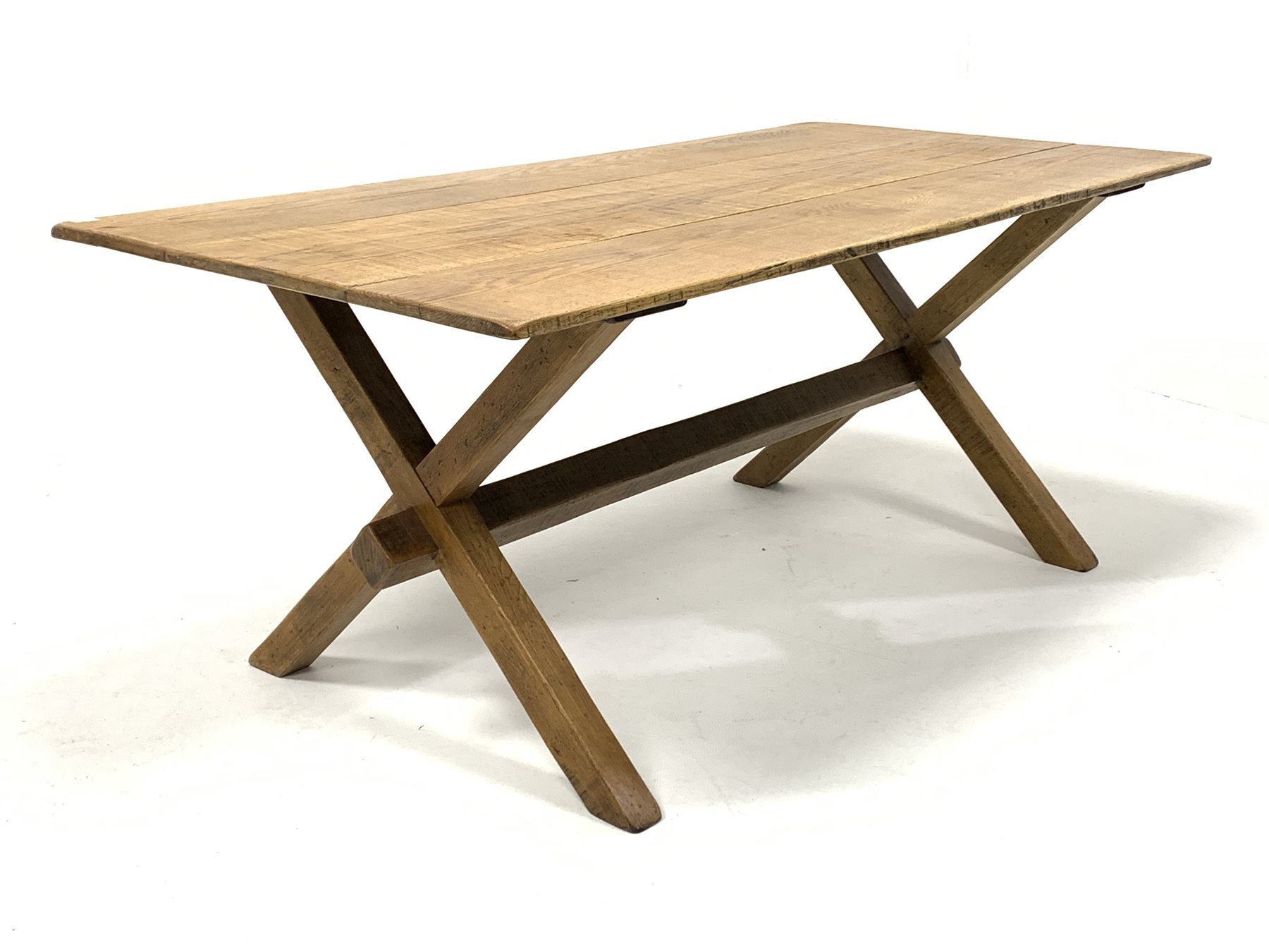 Early 20th century oak refectory style dining table, with rectangular top raised on 'X' supports uni - Image 2 of 4