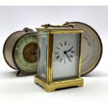 Early 20th century brass and glass carriage timepiece, with white enamel dial and 30 hour movement,