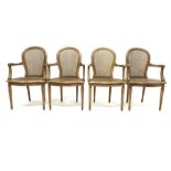 Set four French style berg�re open armchairs, moulded beech frames, curved cane work backs and serpe