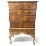 18th century and later walnut chest on stand, projecting moulded cornice over two short and three lo