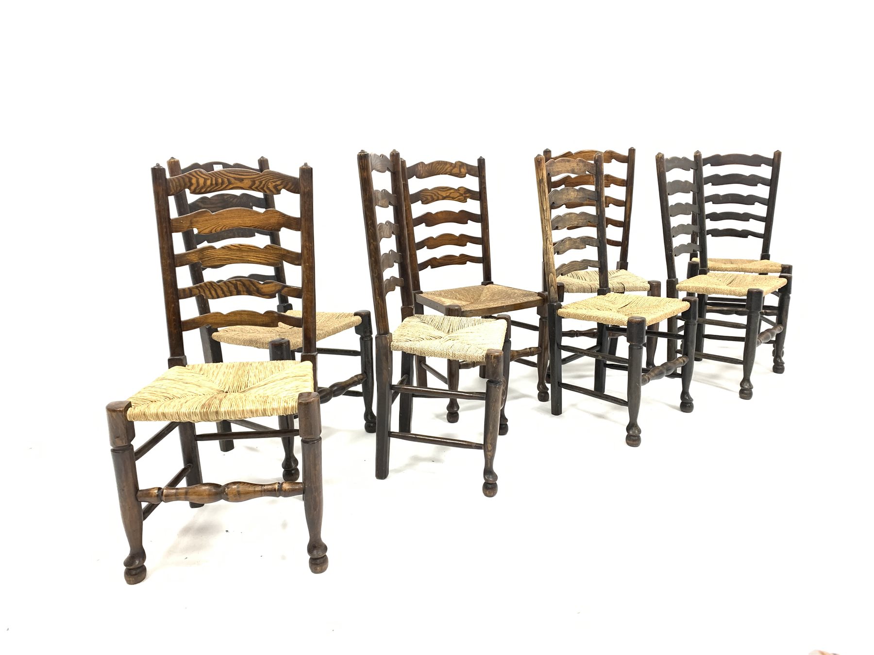 Harlequin set of eight 19th century oak ladder back chairs, with rush seats and turned supports, W49 - Image 2 of 3