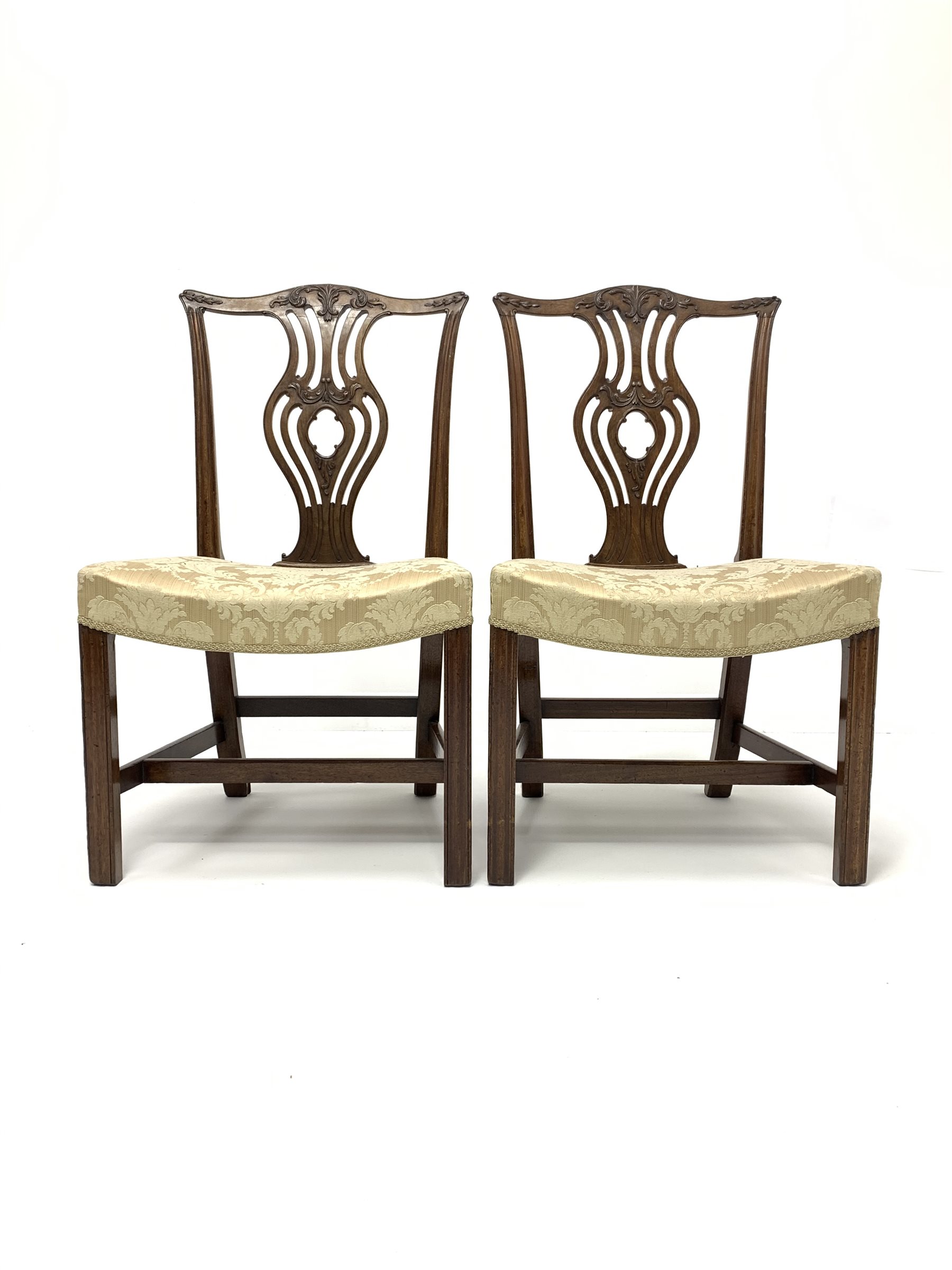 Pair early 19th century Chippendale style chairs, serpentine cresting rail relief carved with scroll