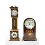 Early 20th century miniature oak longcase clock, with 30 hour mechanical movement over thermometer a