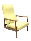 Milo Baughman - Danish teak framed rocking and reclining lounger armchair with rest lever, upholster