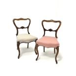 Pair Victorian rosewood chairs, shaped moulded backs with scroll carved middle rail, upholstered ser