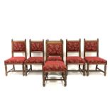 Set of six late Victorian oak Puginesque chairs, with carved and chamfered decoration, open back res