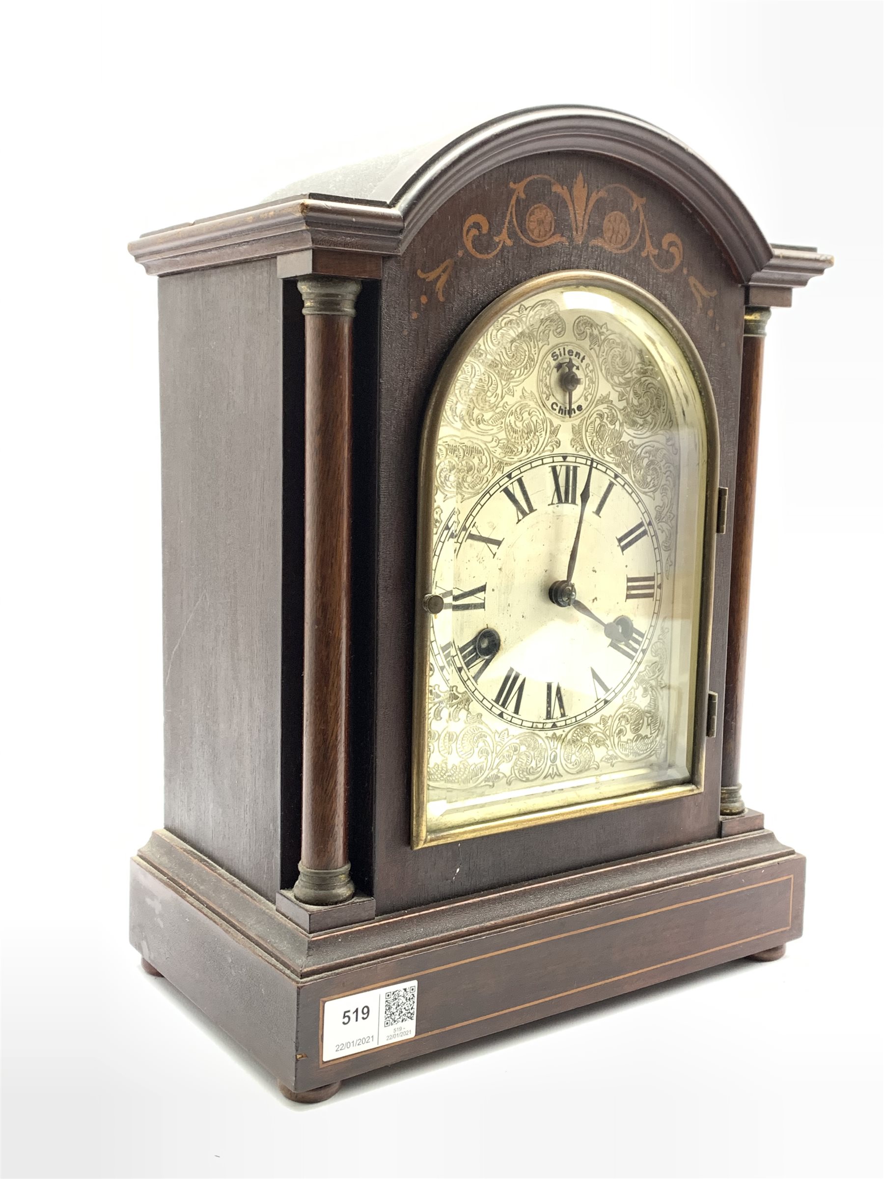 20th century dome top mantel clock, the case with floral and string inlay, silvered dial with Roman - Image 2 of 3
