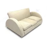 Art Deco style three seat sofa, with unusual convex back rest, three loose cushions, upholstered in