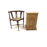 Pine bedside cabinet with one drawer over panelled cupboard, shaped plinth base, (W43cm) together wi