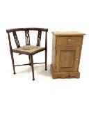 Pine bedside cabinet with one drawer over panelled cupboard, shaped plinth base, (W43cm) together wi