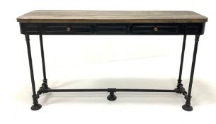 Industrial style metal console table with hardwood top, two drawers and finished in matt black, W148