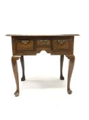 18th century oak lowboy, rectangular moulded top over three drawers with mahogany banded and box woo
