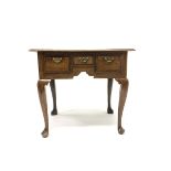 18th century oak lowboy, rectangular moulded top over three drawers with mahogany banded and box woo