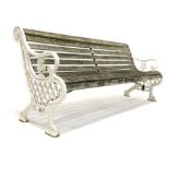 White painted cast iron and wooden slatted garden bench, W191cm, H84cm, D75cm