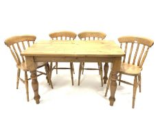 Solid pine rectangular farmhouse table (74cm x 122cm, H72cm) and four beech chairs, raised on ring t