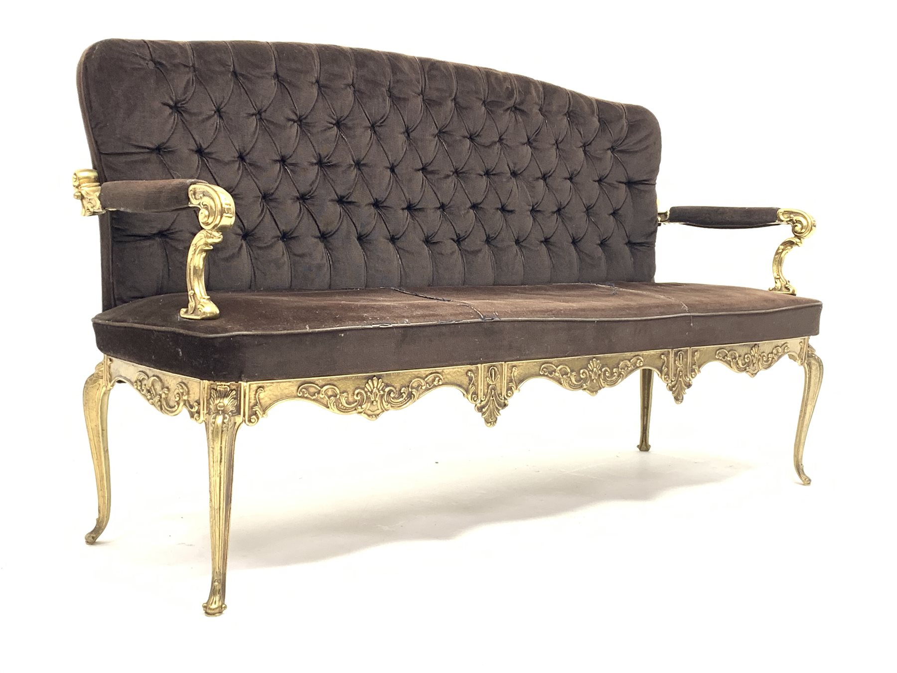 Italian 'Hollywood Regency' cast brass three salon settee, seat and back upholstered in buttoned br