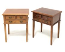 Pair mahogany lamp tables, rectangular moulded top over three drawers, on square tapering supports,