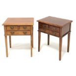 Pair mahogany lamp tables, rectangular moulded top over three drawers, on square tapering supports,