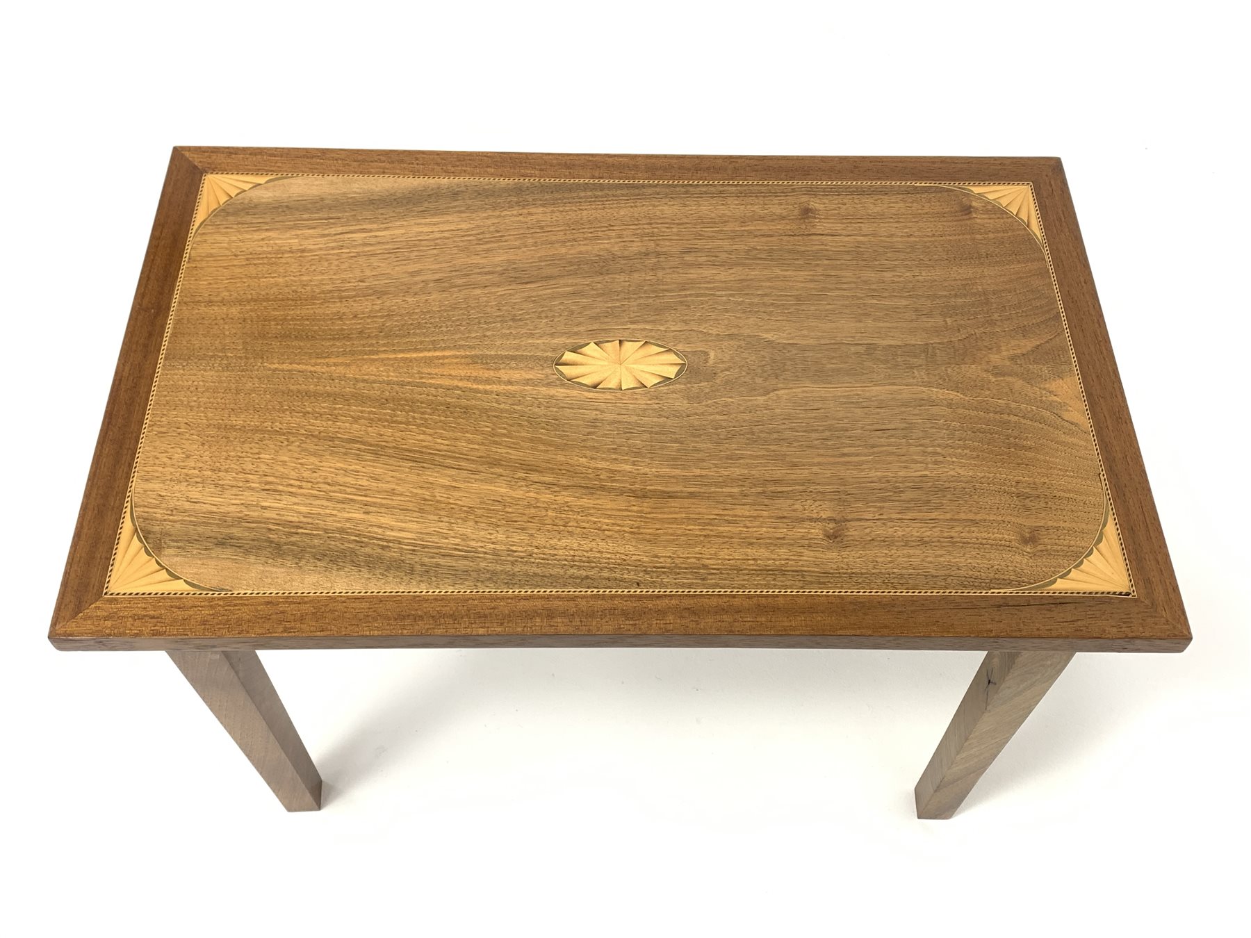 20th century walnut coffee table, rectangular top with fan inlaid spandrels, on square supports, 45c - Image 2 of 3