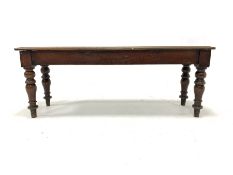 Victorian mahogany window seat, moulded rectangular top raised on turned supports, W120cm