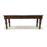 Victorian mahogany window seat, moulded rectangular top raised on turned supports, W120cm