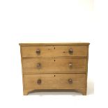 Late 19th century pine chest fitted with three drawers, raised on bracket supports, W95cm, H75cm, D5