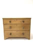 Late 19th century pine chest fitted with three drawers, raised on bracket supports, W95cm, H75cm, D5