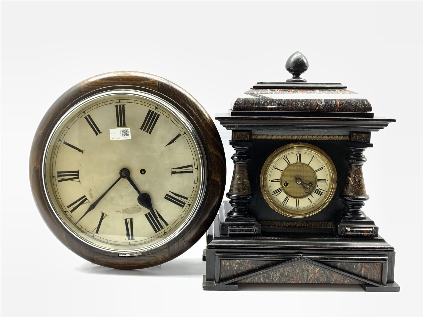 Late 19th century American mantel clock, simulated marble sarcophagus top, pilasters and base, eight