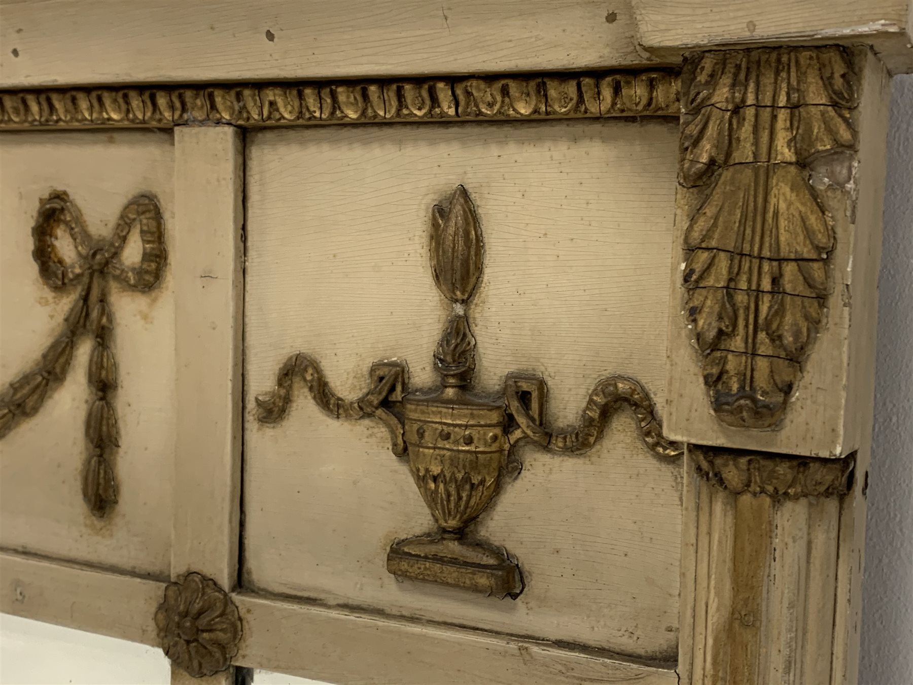 Regency white painted over mantel mirror, decorated with gilt painted leaves, urns and swags, with t - Image 2 of 3