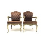 Pair of Italian 'Hollywood Regency' cast brass open armchairs, seat and back upholstered in buttoned