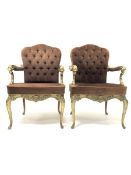 Pair of Italian 'Hollywood Regency' cast brass open armchairs, seat and back upholstered in buttoned