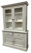 Painted pine dresser, the top section with projecting cornice over two glazed doors enclosing two ad