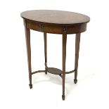 Edwardian satinwood Sheraton revival occasional table, oval top decorated with central oval plate de