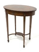 Edwardian satinwood Sheraton revival occasional table, oval top decorated with central oval plate de