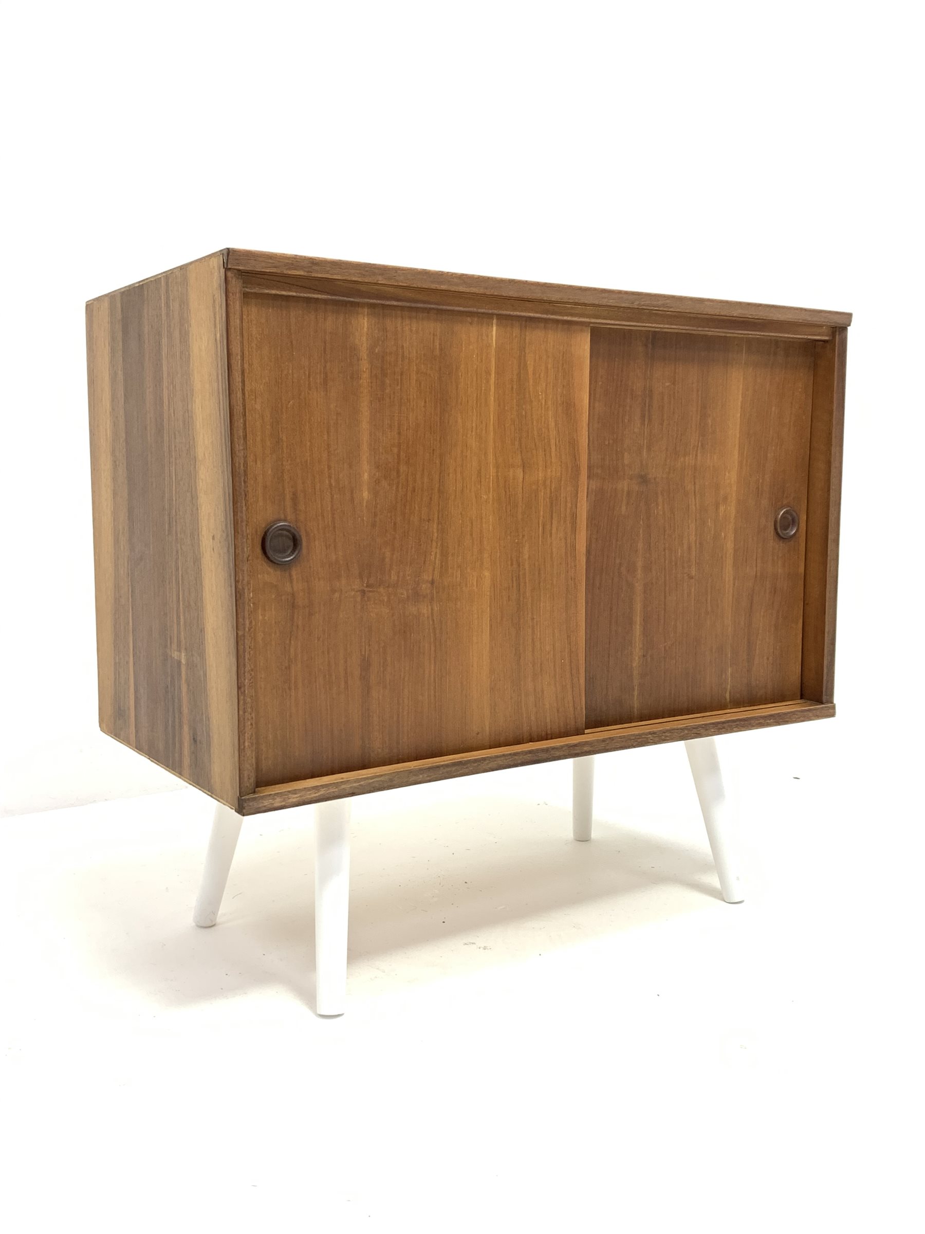 Mid century Danish teak PS systems cabinet, with two sliding doors, raised on tapered white supports - Image 2 of 4