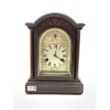 20th century dome top mantel clock, the case with floral and string inlay, silvered dial with Roman