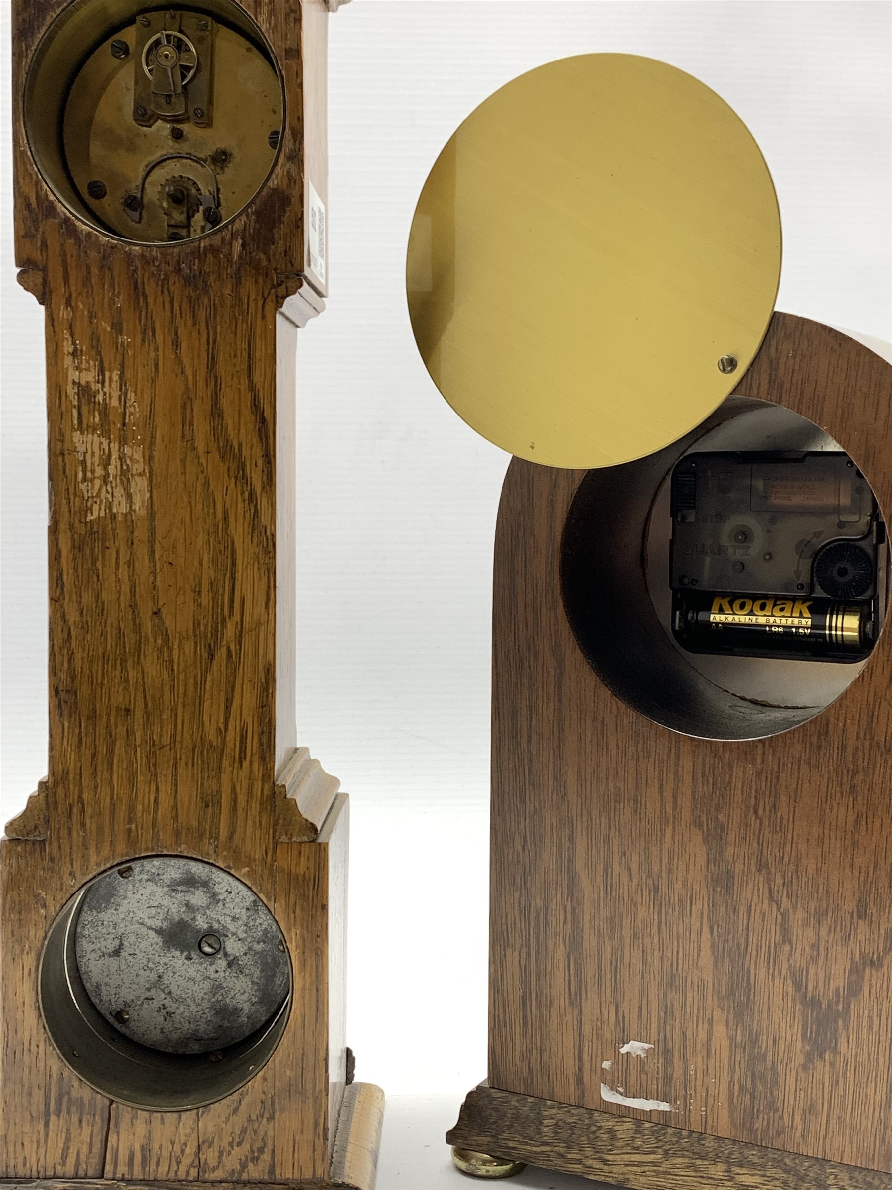 Early 20th century miniature oak longcase clock, with 30 hour mechanical movement over thermometer a - Image 4 of 4