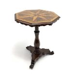 Regency period rosewood and amboyna table, octagonal segmented star veneered top with moulded edge a