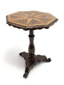 Regency period rosewood and amboyna table, octagonal segmented star veneered top with moulded edge a
